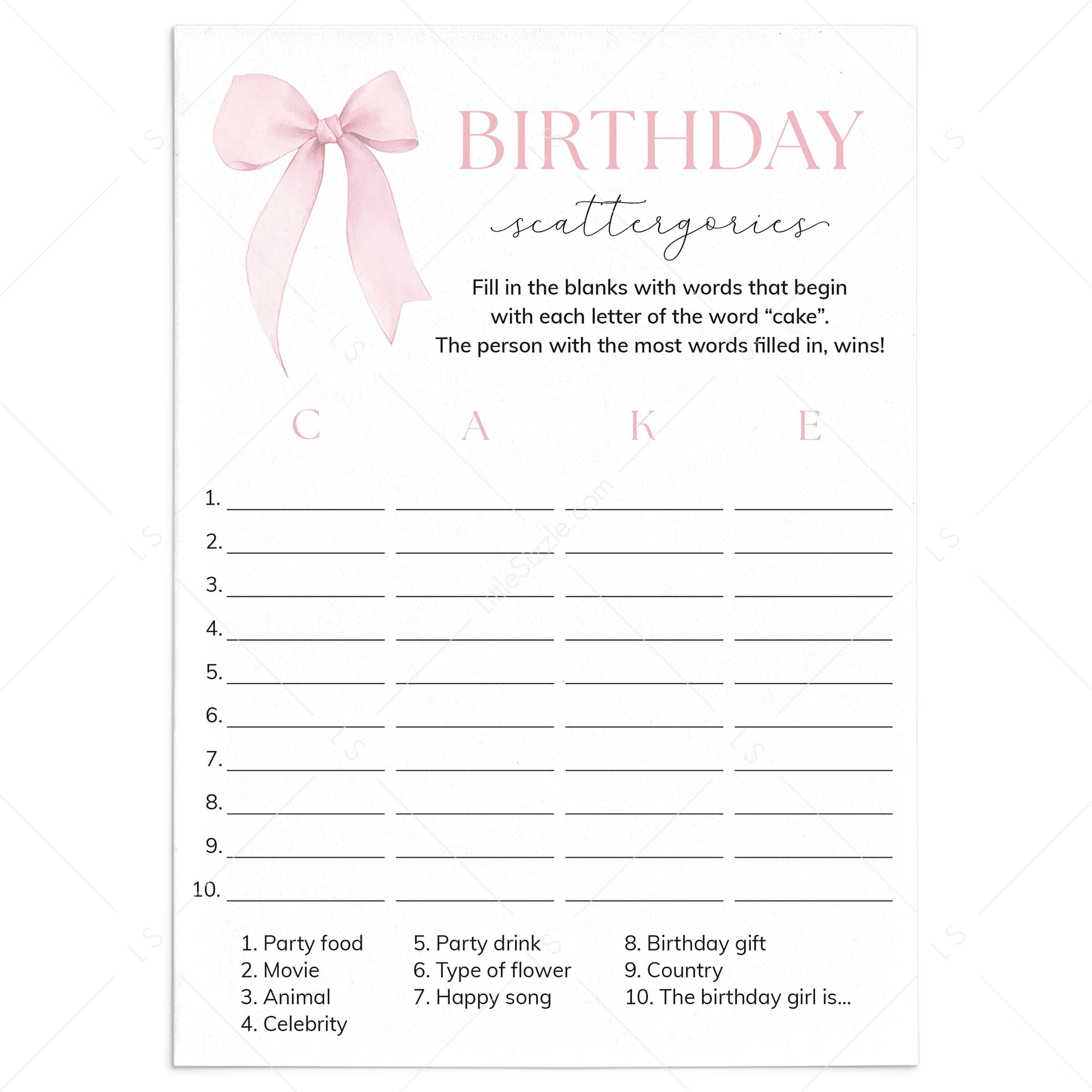 Pink Birthday Party Game Scattergories Digital Download by LittleSizzle