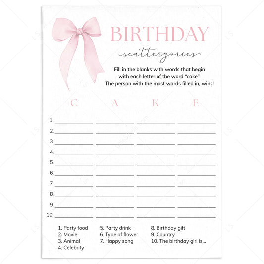 Pink Birthday Party Game Scattergories Digital Download by LittleSizzle