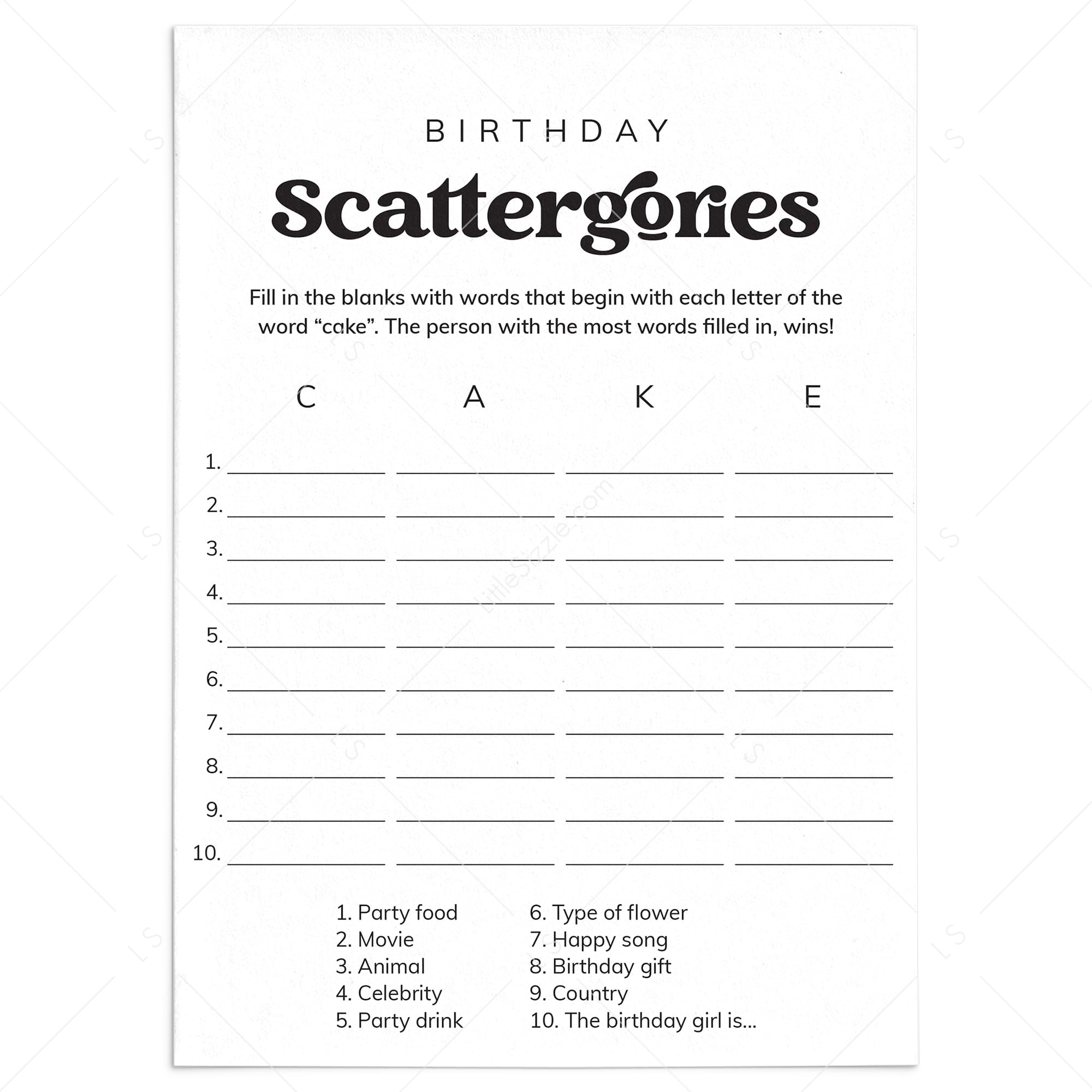 Birthday Party Scattergories Game Printable by LittleSizzle