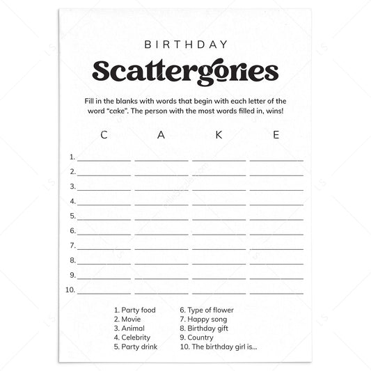 Birthday Party Scattergories Game Printable by LittleSizzle