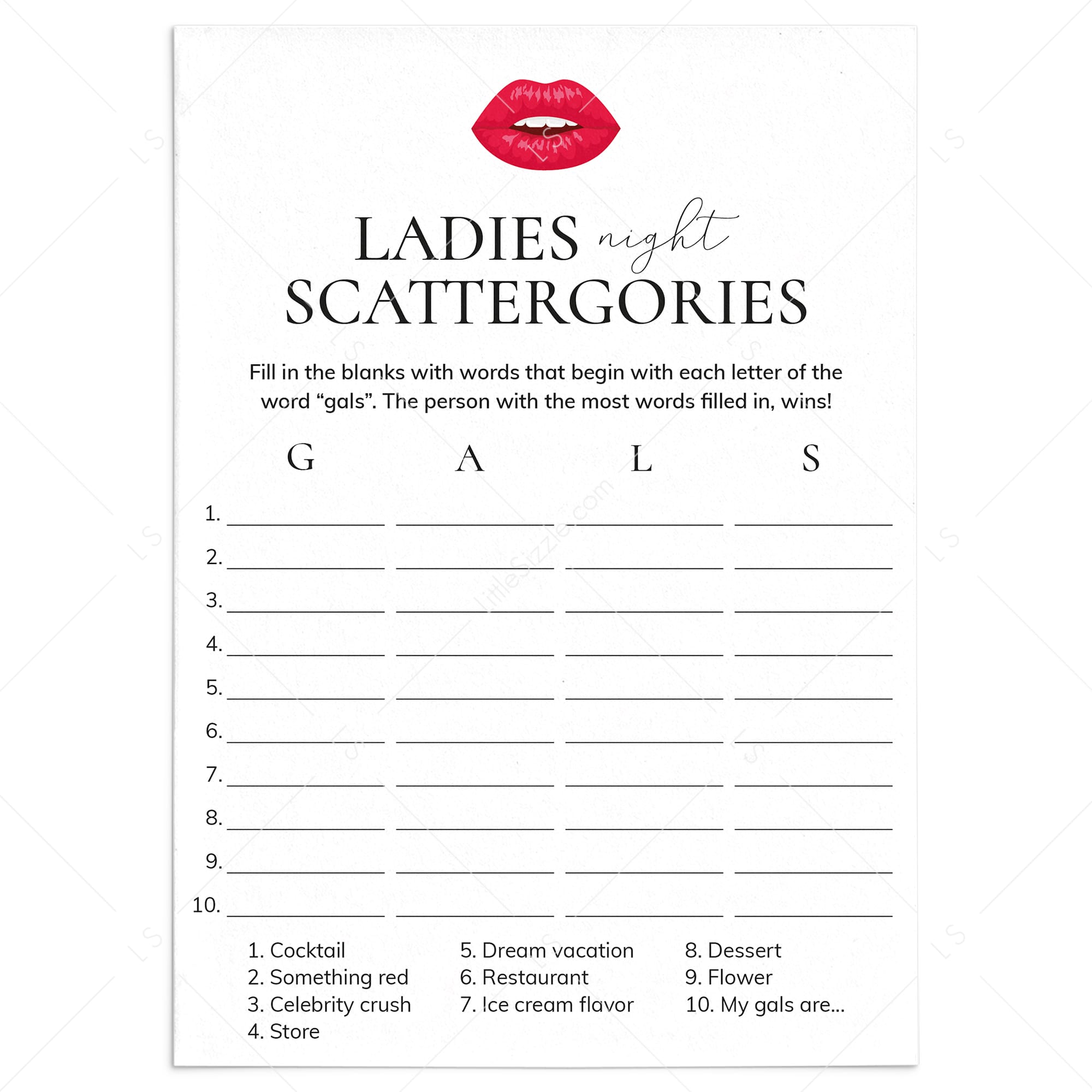 Ladies Night Scattergories Game Printable by LittleSizzle