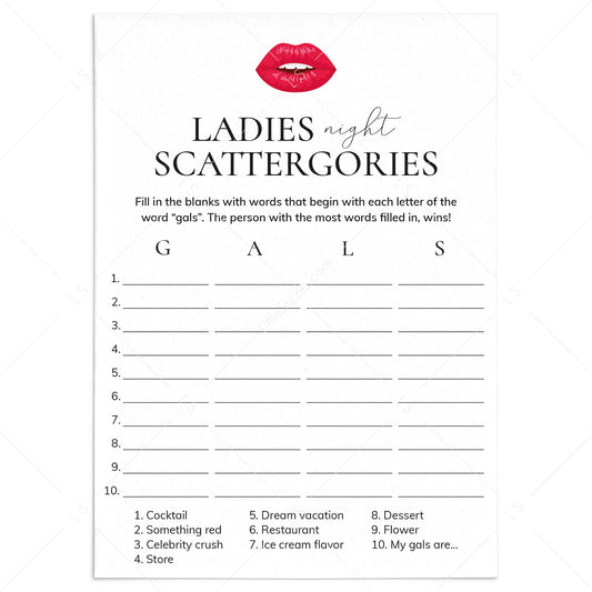 Ladies Night Scattergories Game Printable by LittleSizzle