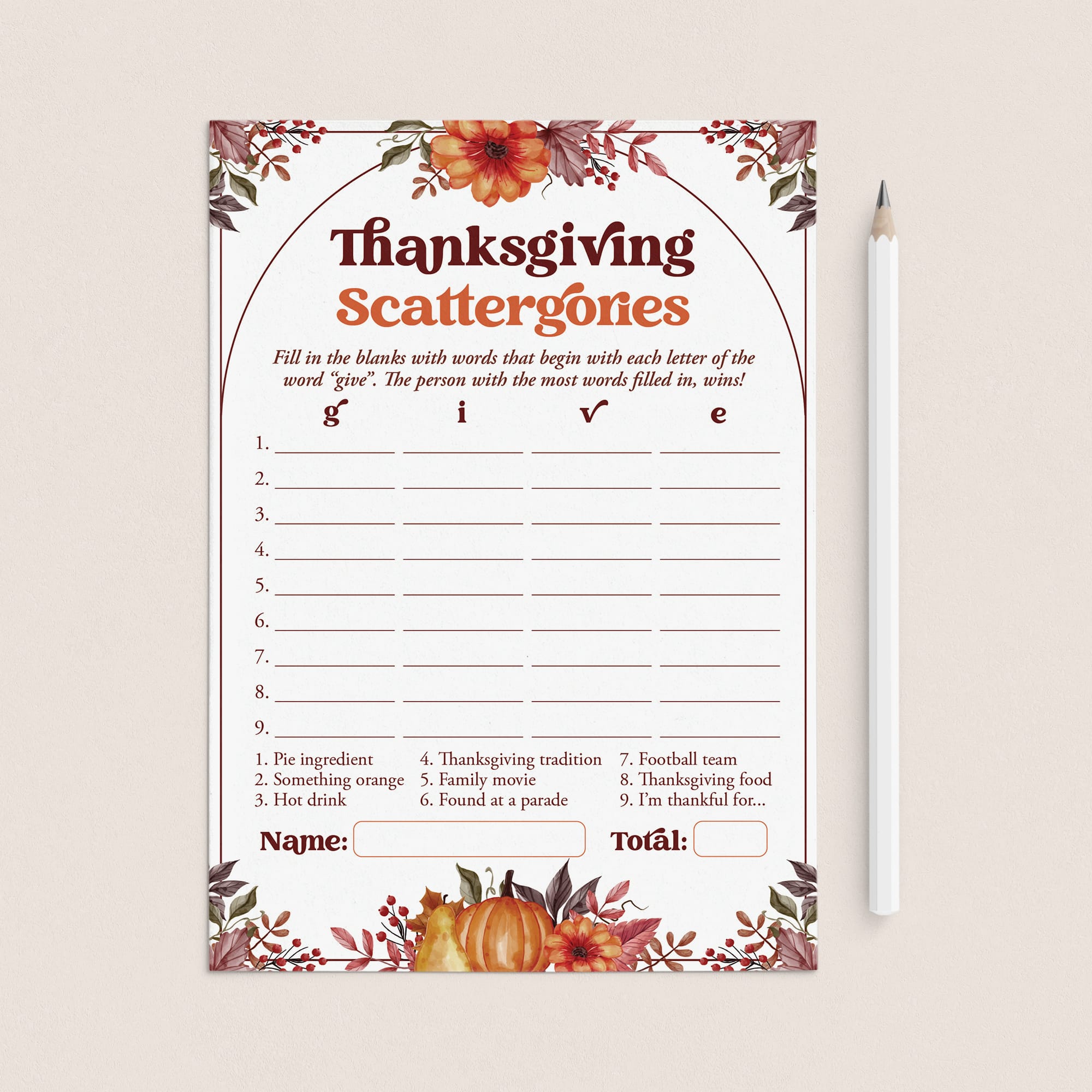 Thanksgiving Scattergories Categories Game Printable by LittleSizzle