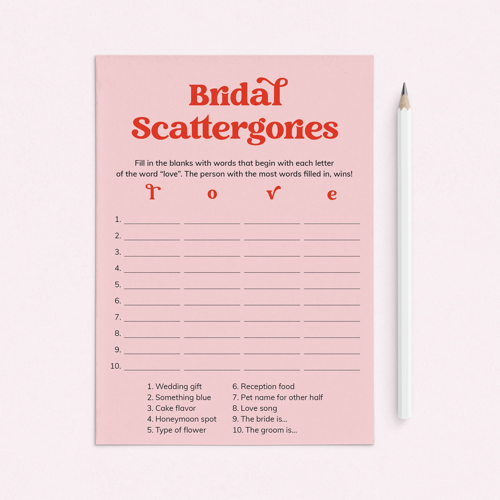Bridal Shower Scattergories Categories Game Printable Pink and Red by LittleSizzle
