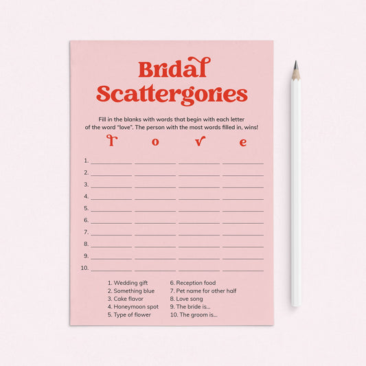Bridal Shower Scattergories Categories Game Printable Pink and Red by LittleSizzle