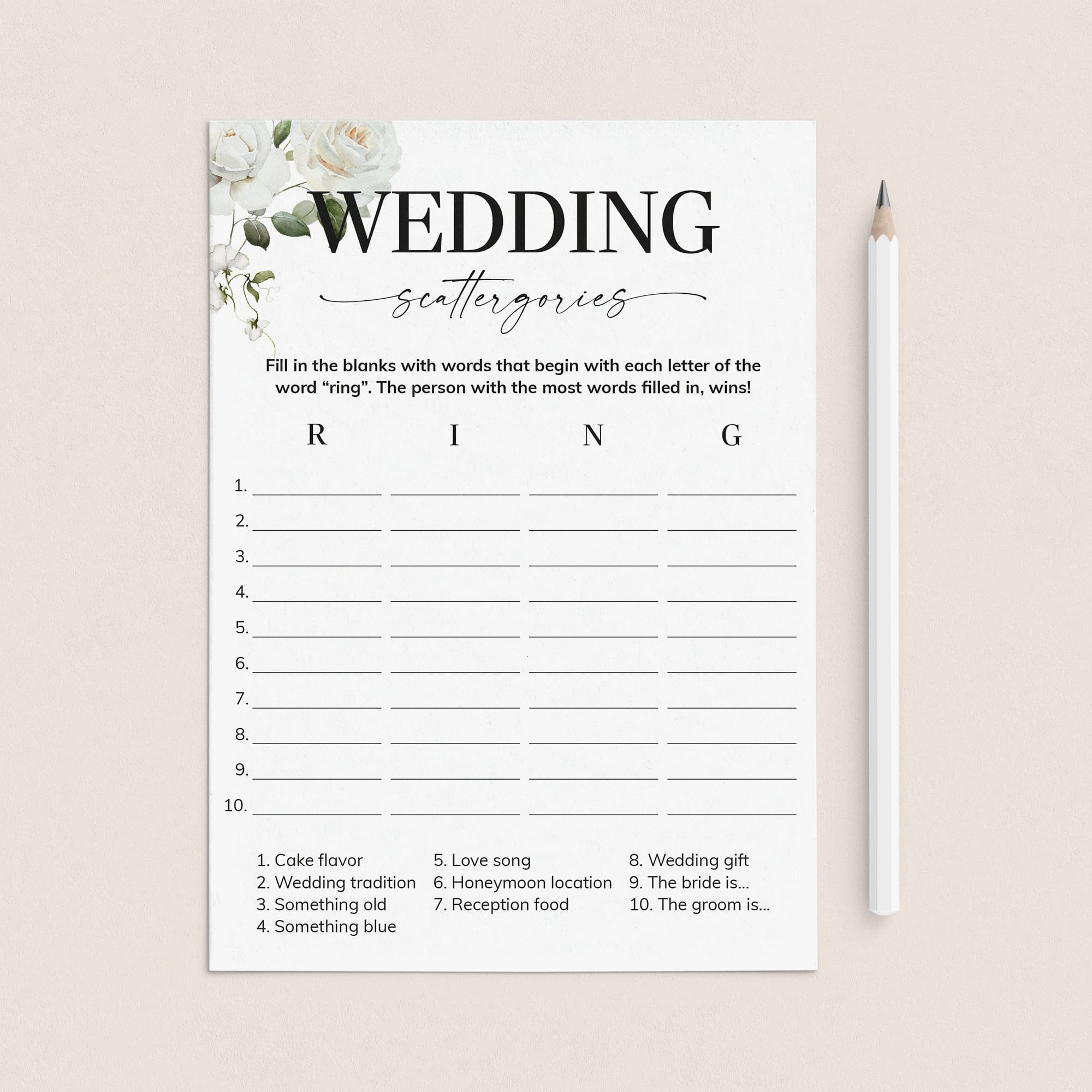 Wedding Scattergories Printable Game White Floral by LittleSizzle