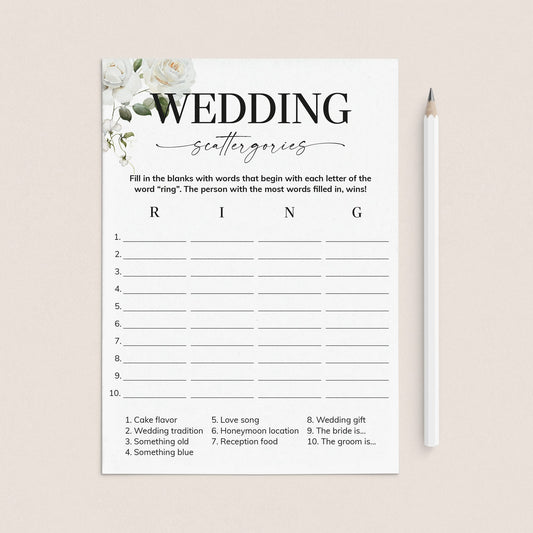 Wedding Scattergories Printable Game White Floral by LittleSizzle
