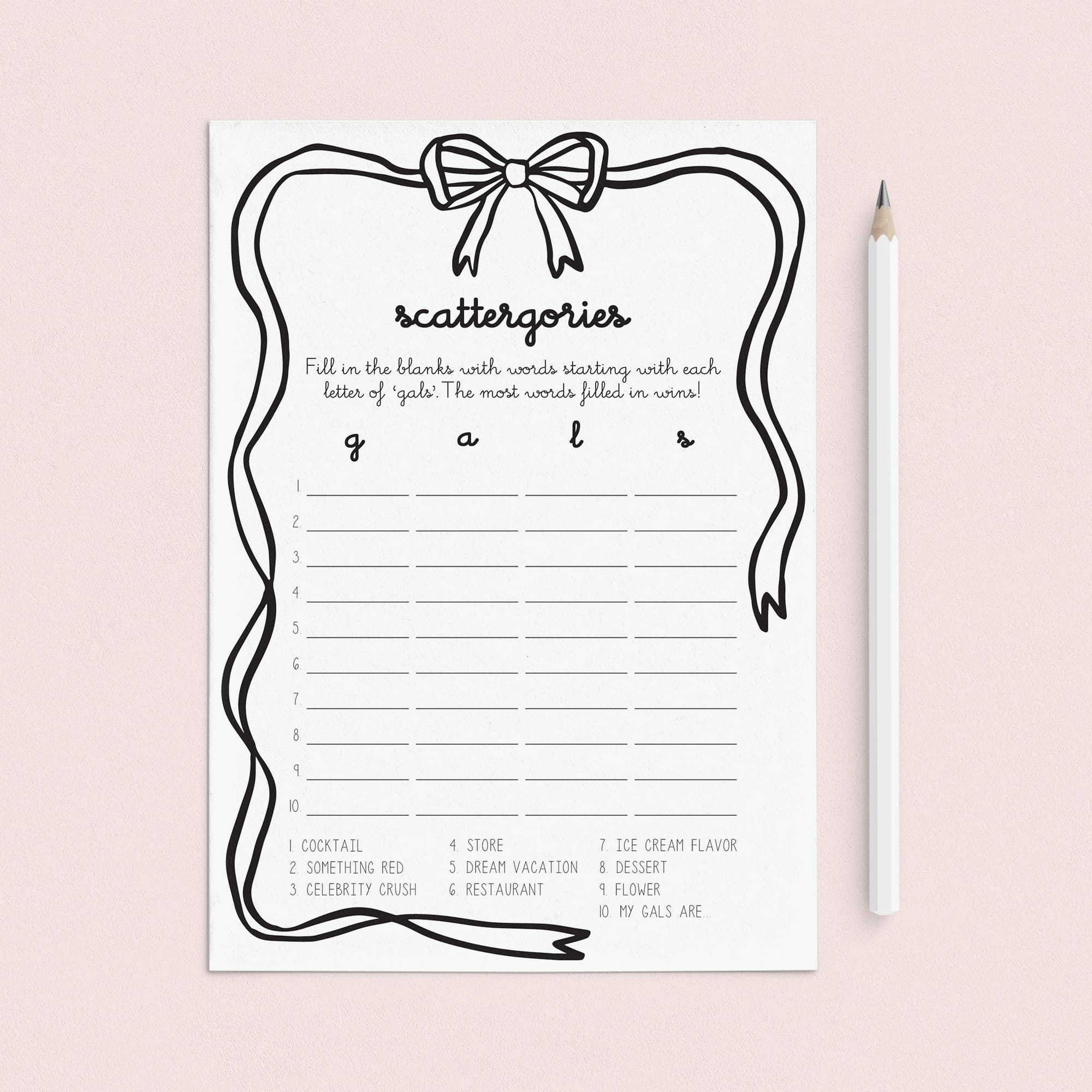 Coquette Bow Girls Night Scattergories Categories Printable Game by LittleSizzle