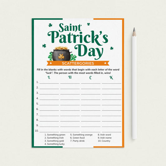 St Patricks Day Scattergories Categories Game Printable by LittleSizzle