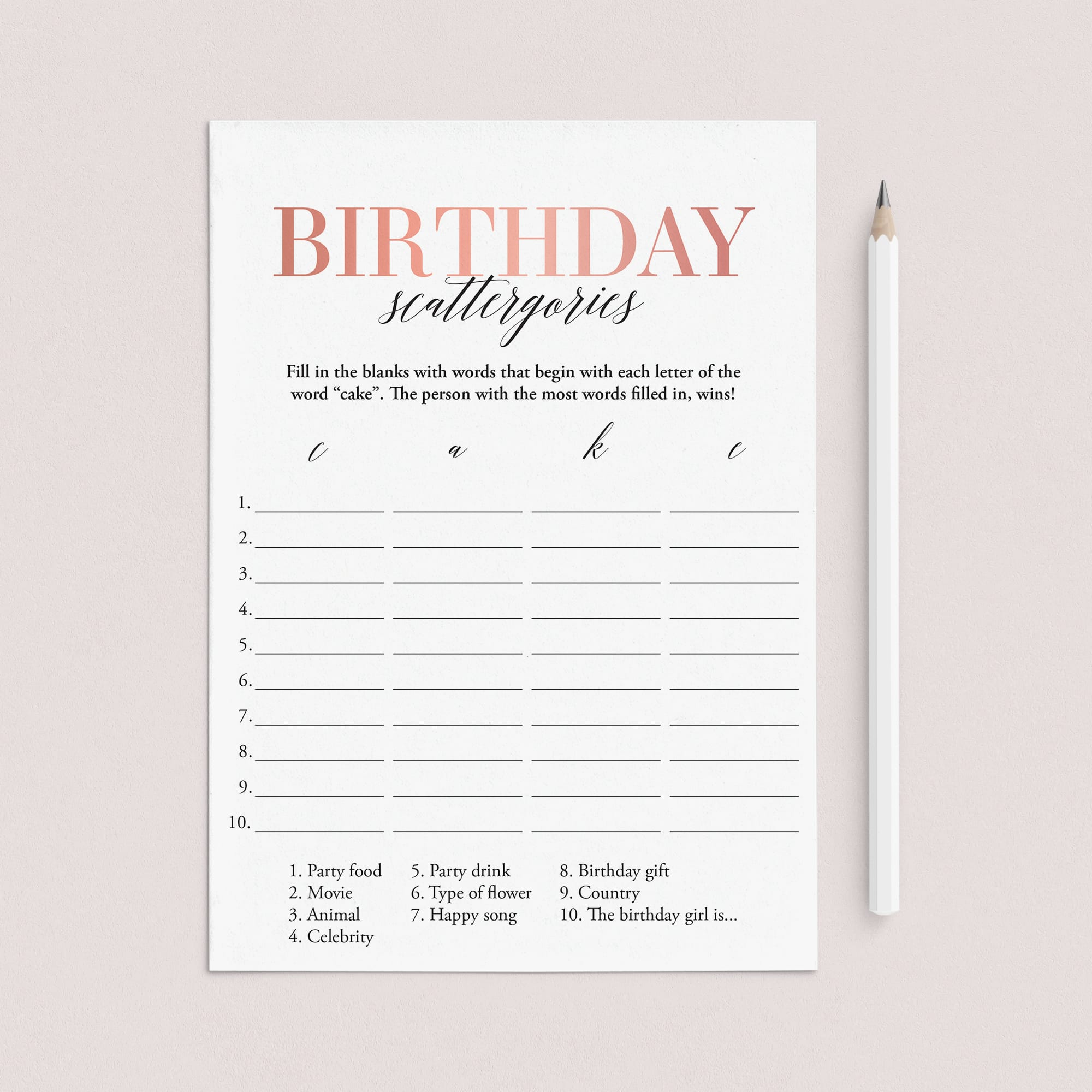 Birthday Game for Her Scattergories Printable by LittleSizzle
