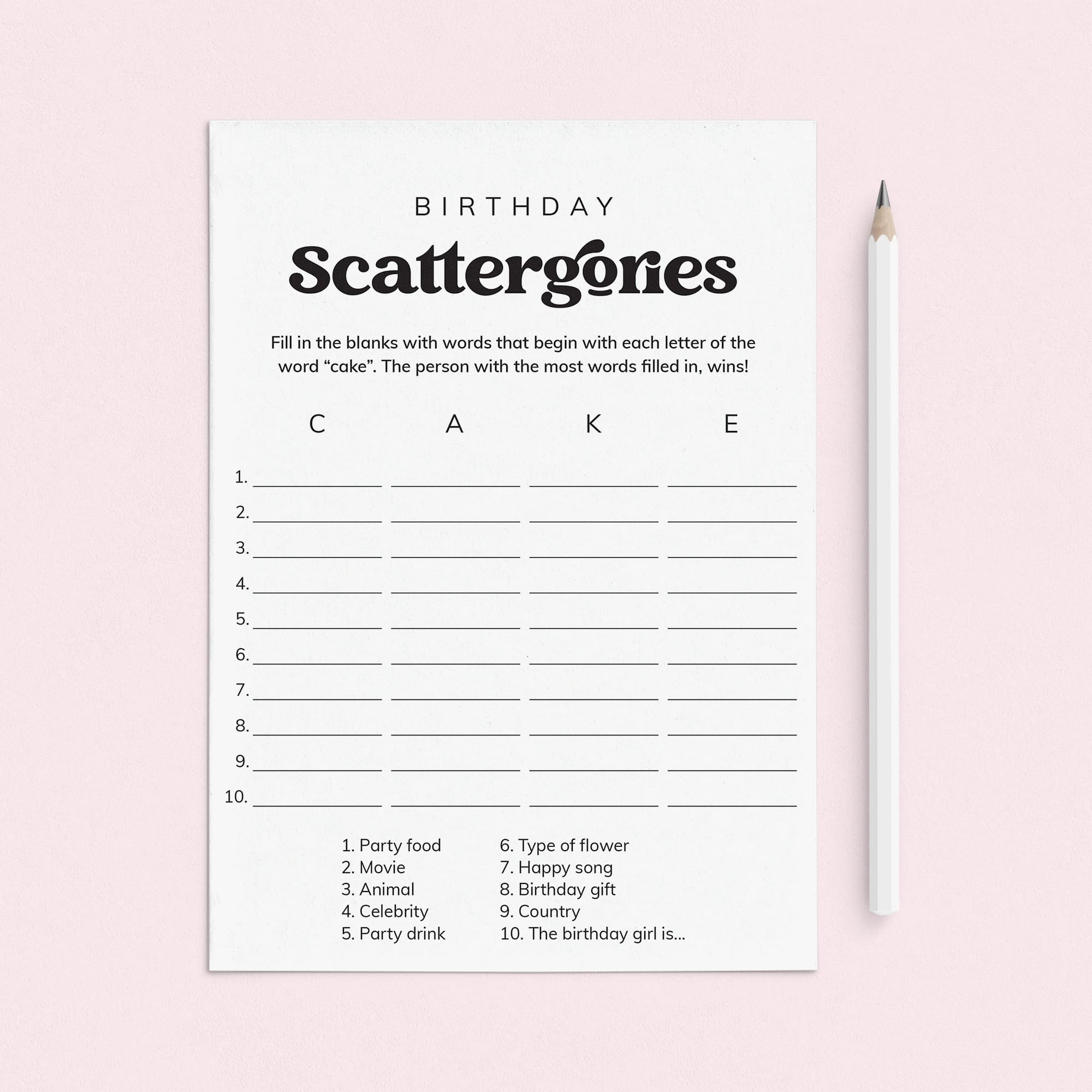 Birthday Party Scattergories Game Printable by LittleSizzle