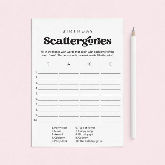 Birthday Party Scattergories Game Printable by LittleSizzle