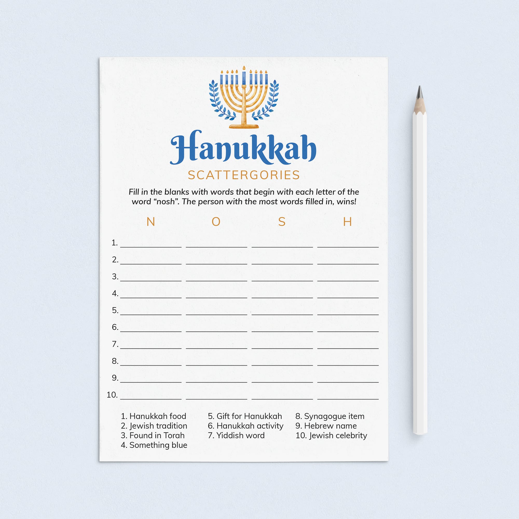 Printable Chanukah Scattergories Game Instant Download by LittleSizzle