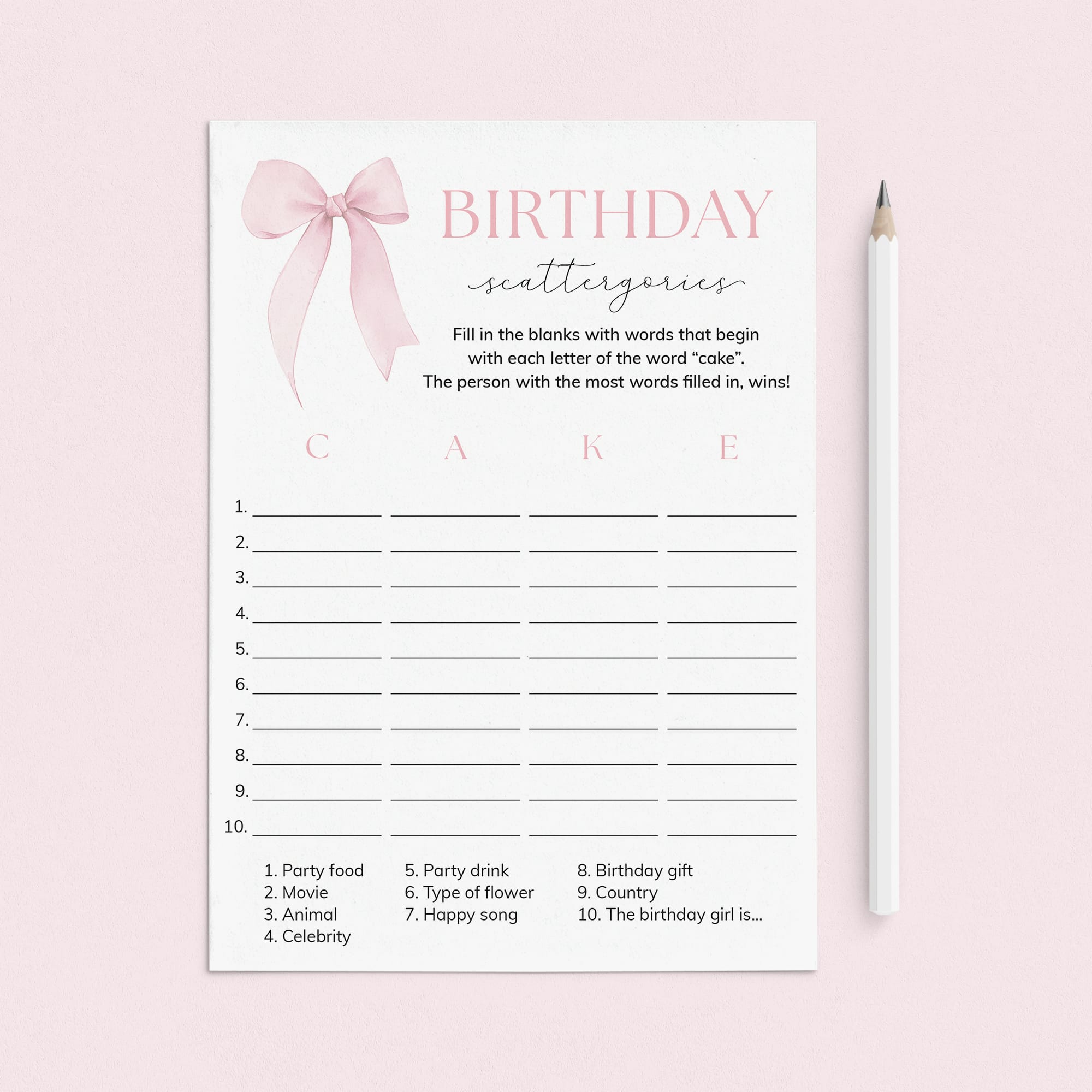 Pink Birthday Party Game Scattergories Digital Download by LittleSizzle