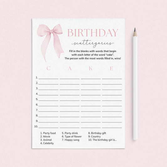 Pink Birthday Party Game Scattergories Digital Download by LittleSizzle