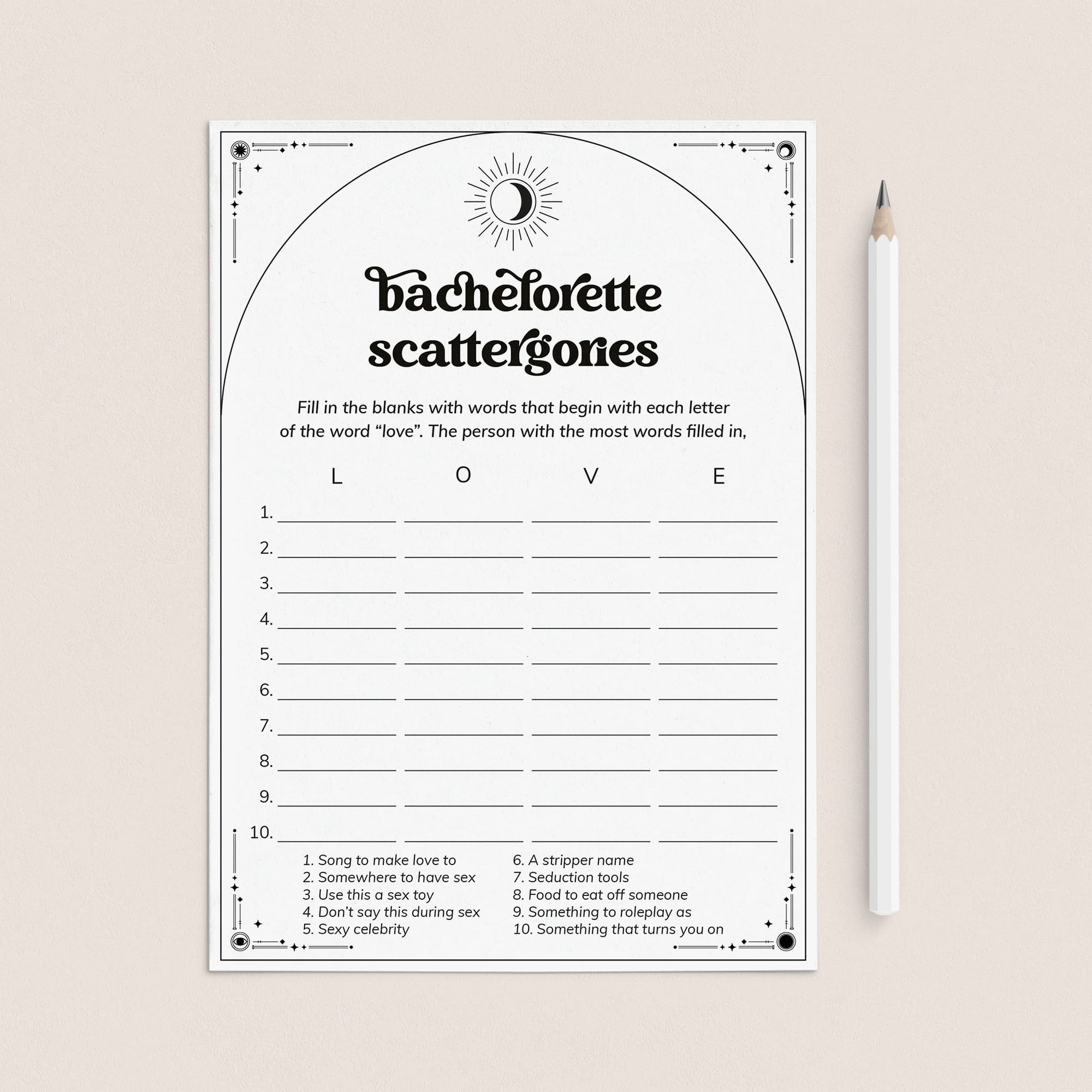 Dirty Scattergories Game for Bachelorette Party | Boho Witchy by LittleSizzle