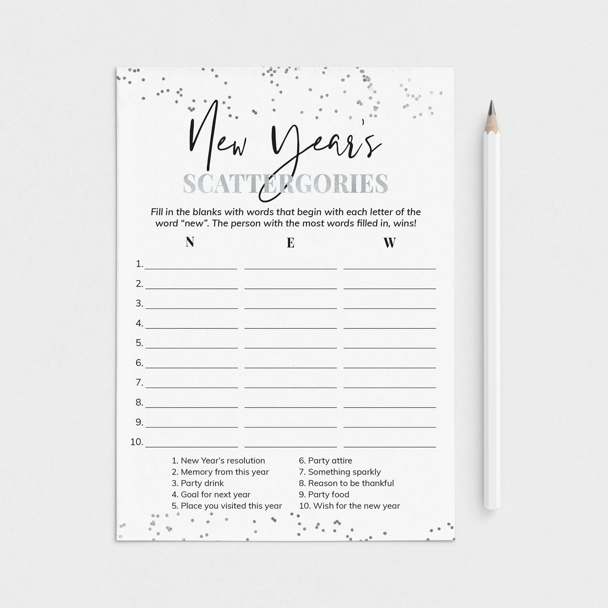 Silver New Year Game Scattergories Printable by LittleSizzle