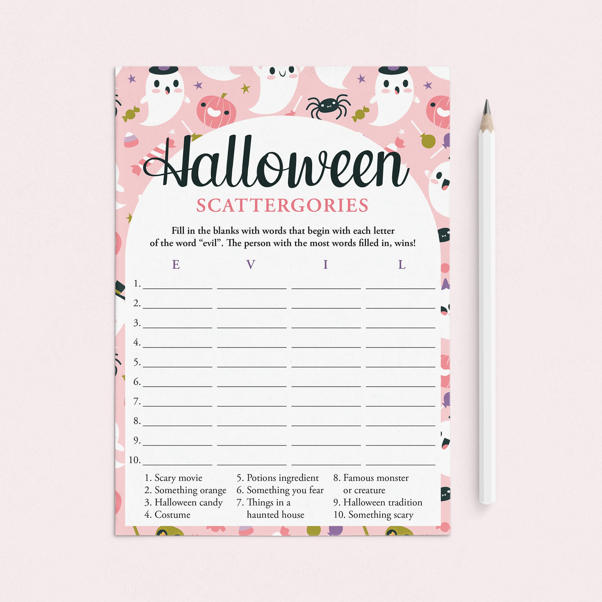 Pink Ghosts Halloween Party Game Scattergories Printable by LittleSizzle
