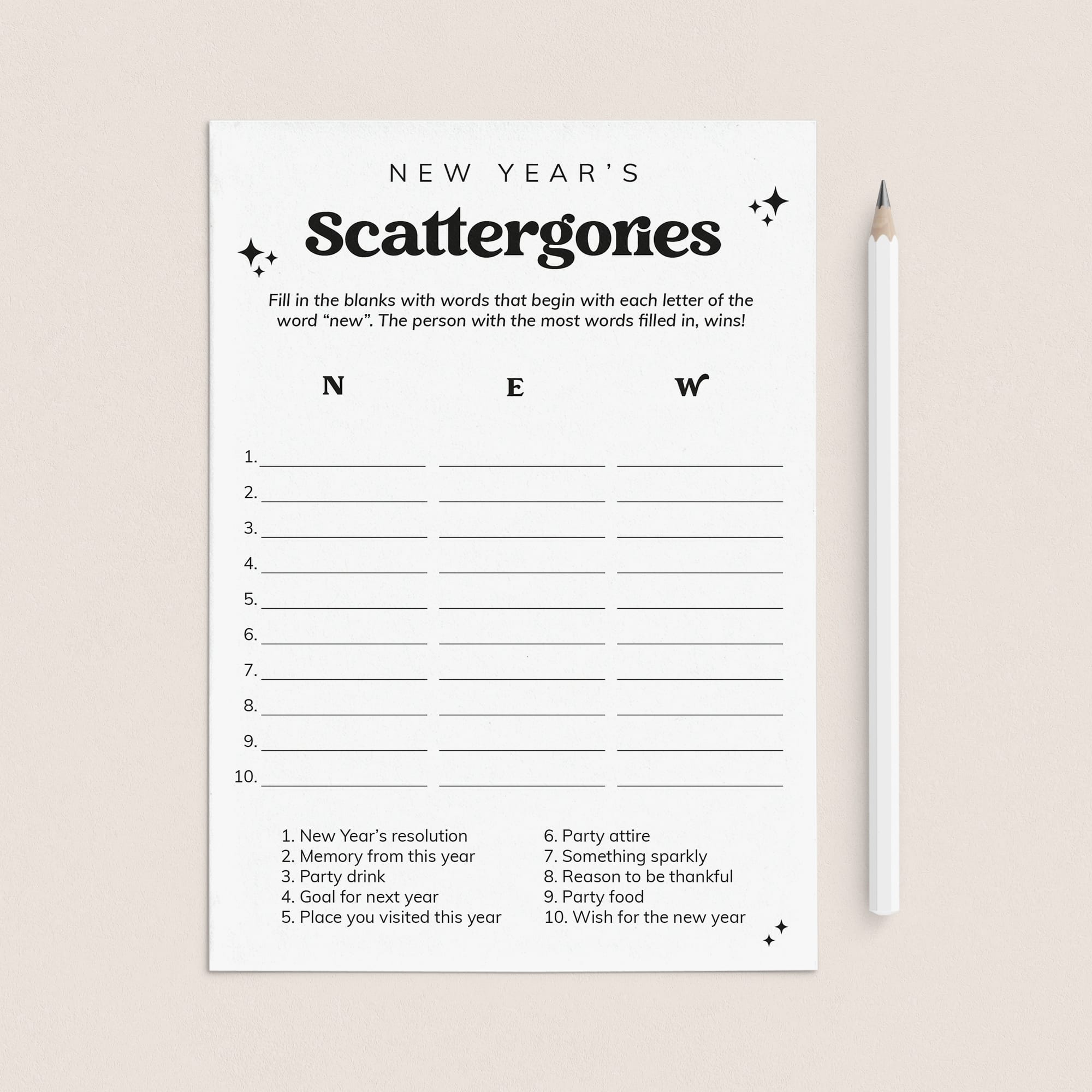 A New Year's Scattergories game sheet with black printed text and blank lines on a white card, shown on a light beige background next to a white pencil.