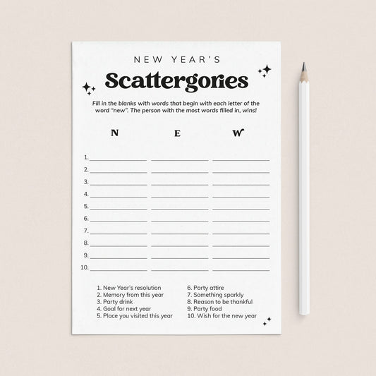 A New Year's Scattergories game sheet with black printed text and blank lines on a white card, shown on a light beige background next to a white pencil.