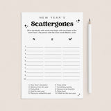 A New Year's Scattergories game sheet with black printed text and blank lines on a white card, shown on a light beige background next to a white pencil.