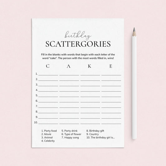 Birthday Scattergories Categories Printable Game for Her by LittleSizzle