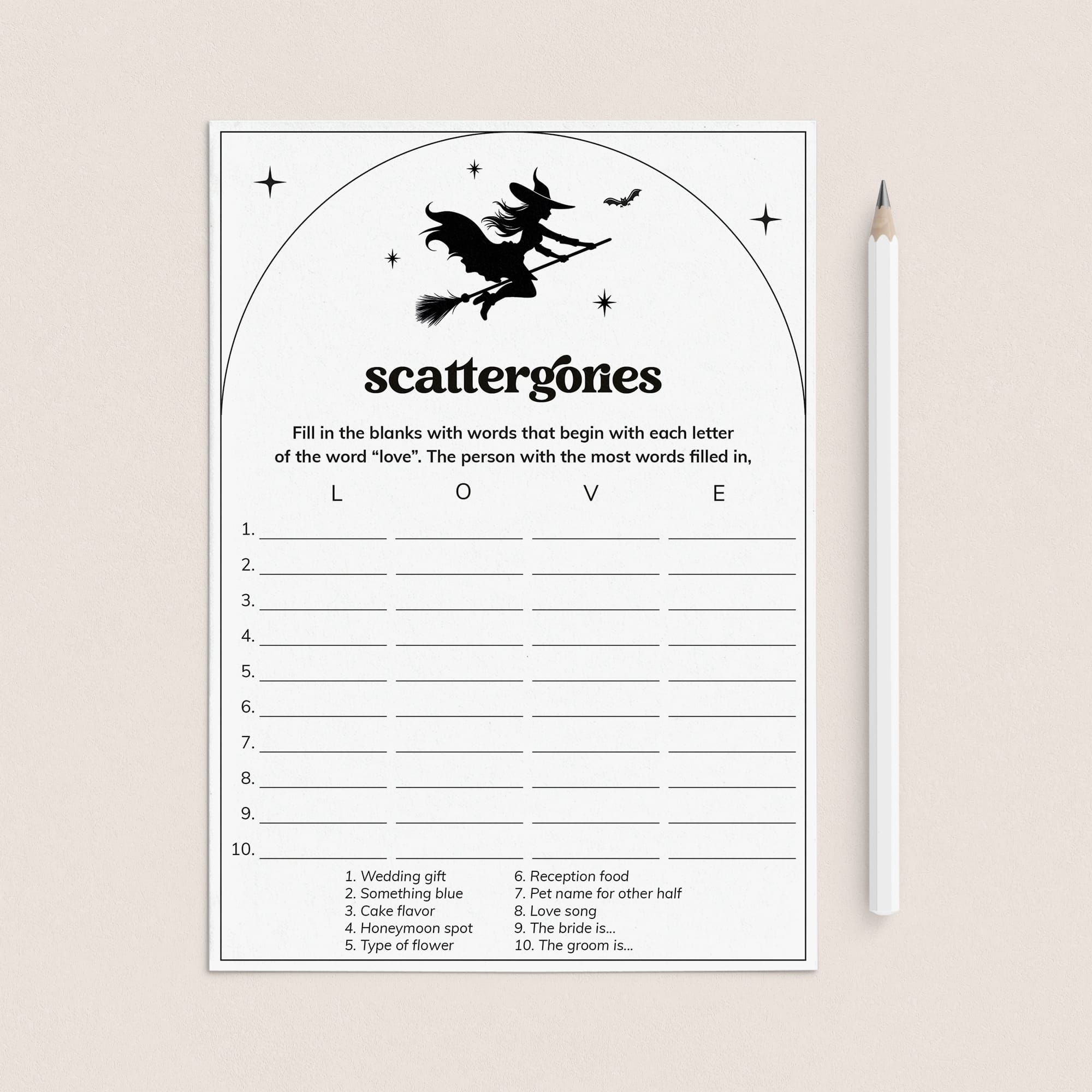 Witchy Bridal Shower Scattergories Game Digital Download by LittleSizzle