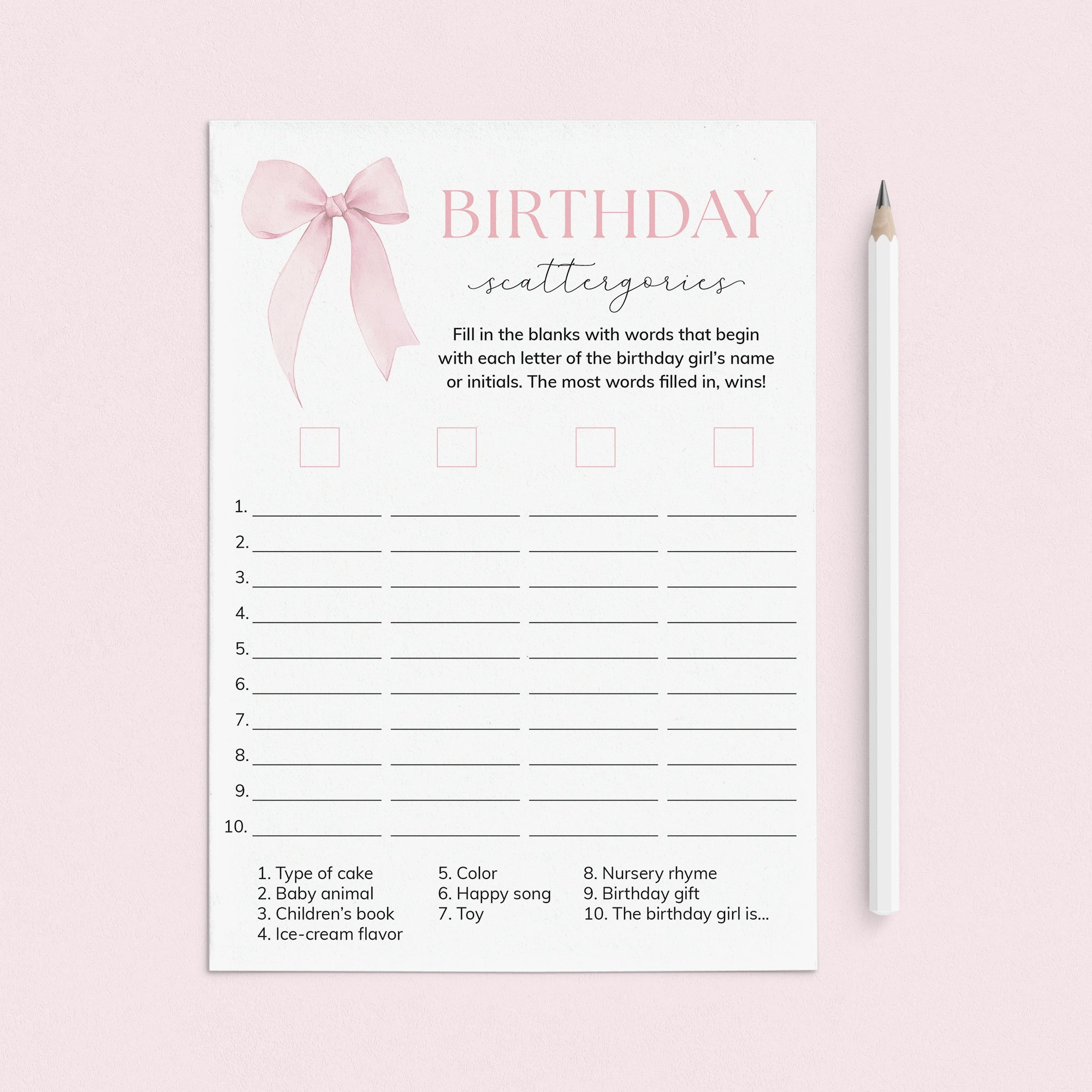 First Birthday Scattergories Game Printable Pink Bow Theme by LittleSizzle