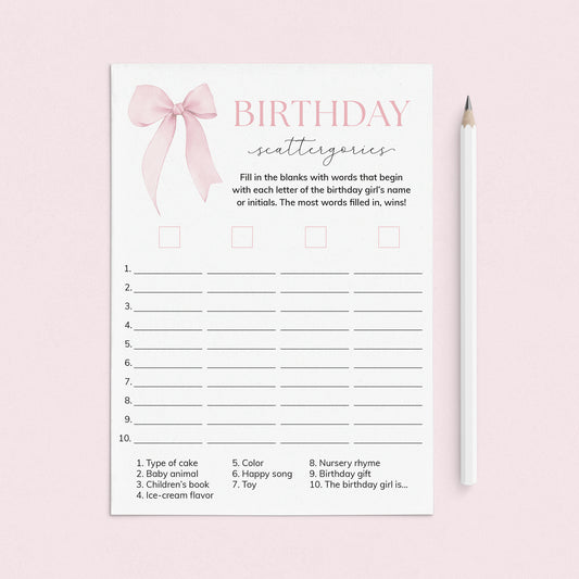 First Birthday Scattergories Game Printable Pink Bow Theme by LittleSizzle