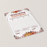 Thanksgiving Scattergories Categories Game Printable