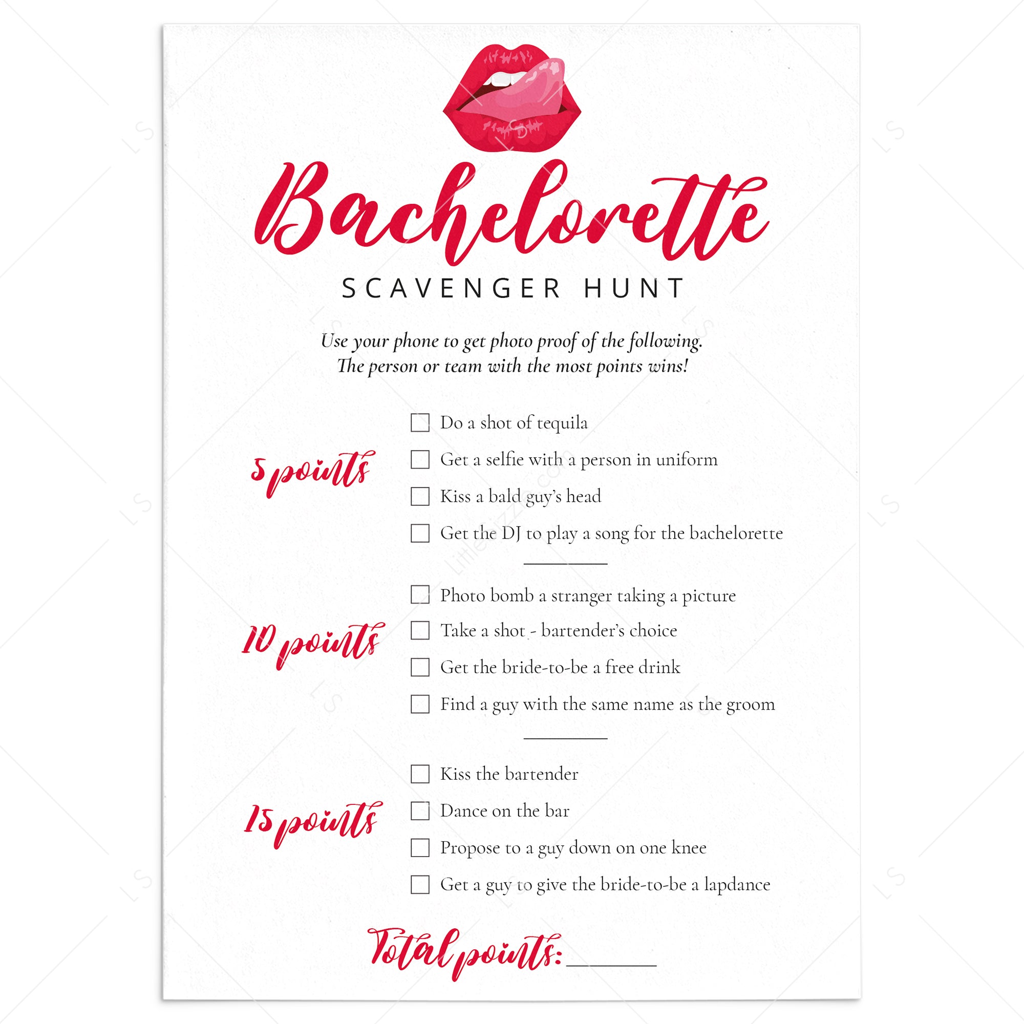 Scavenger Hunt Game Printable Bachelorette Party Activity by LittleSizzle