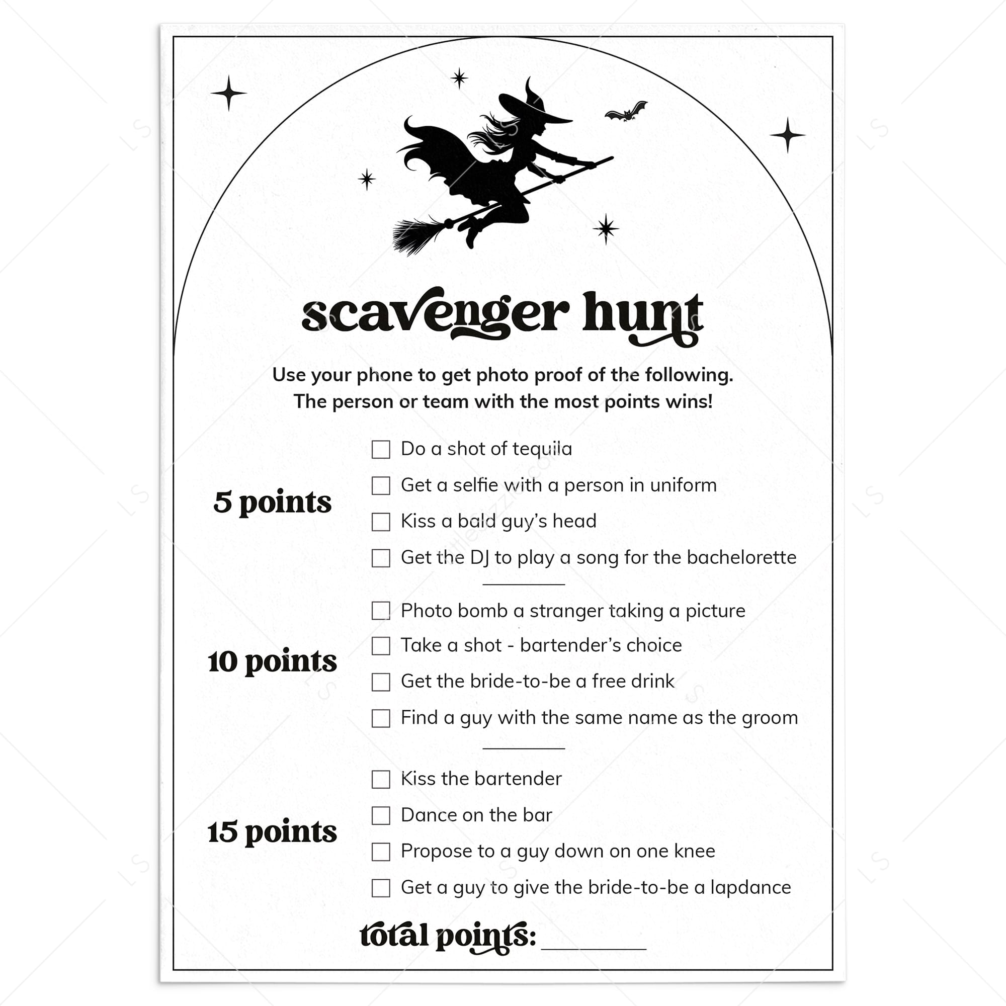 Witch Bachelorette Party Game Scavenger Hunt Card Printable by LittleSizzle