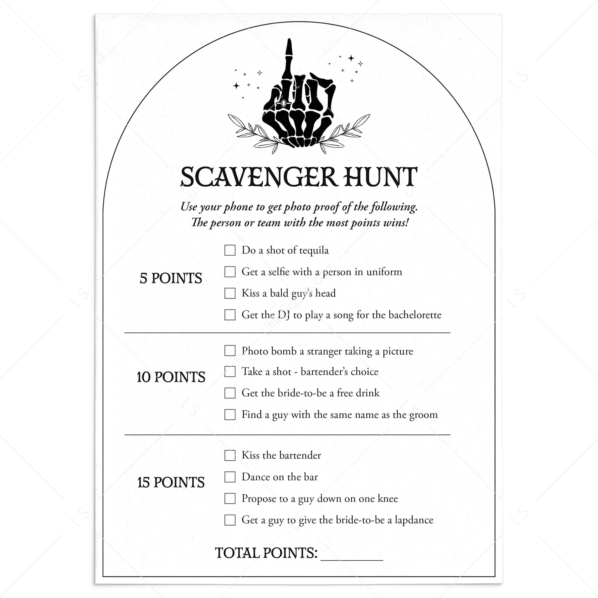 Skeleton Bachelorette Party Scavenger Hunt Card Printable by LittleSizzle