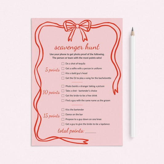 Bachelorette Scavenger Hunt Game Printable Pink Bow Wavy Border by LittleSizzle