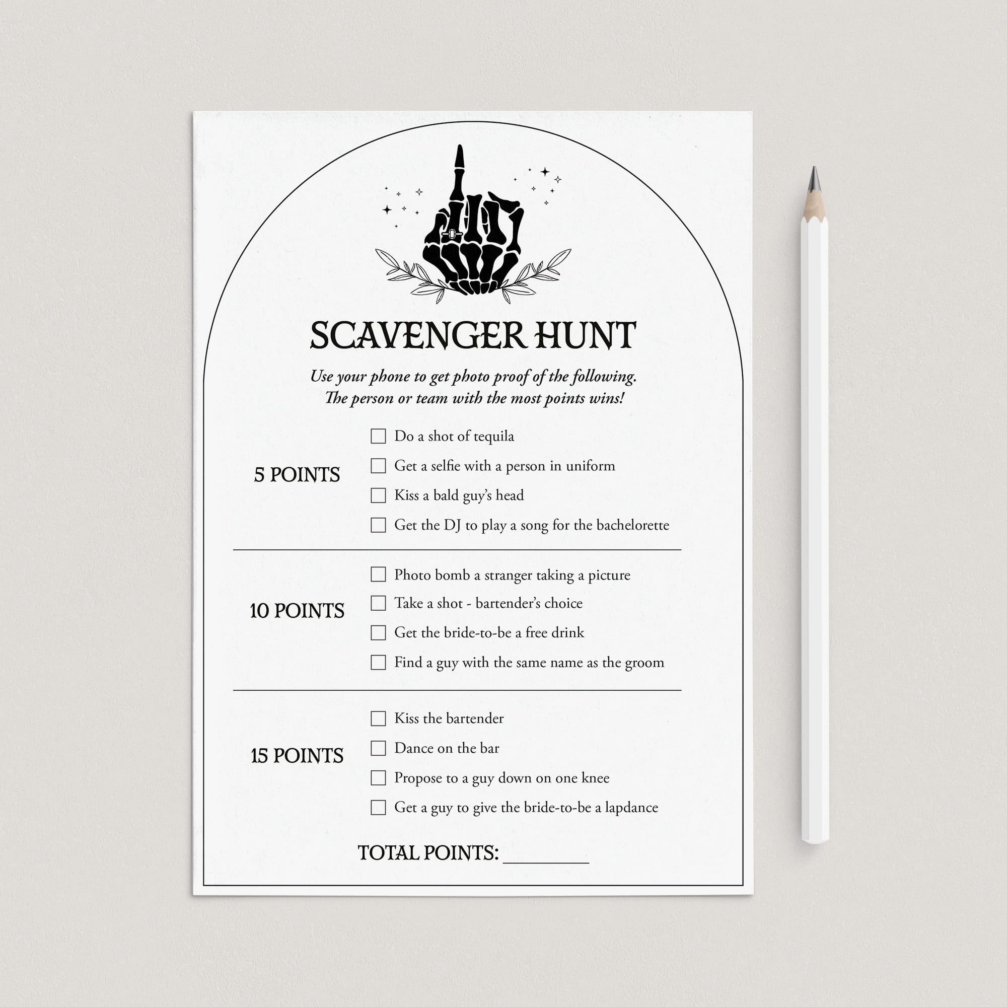 Skeleton Bachelorette Party Scavenger Hunt Card Printable by LittleSizzle