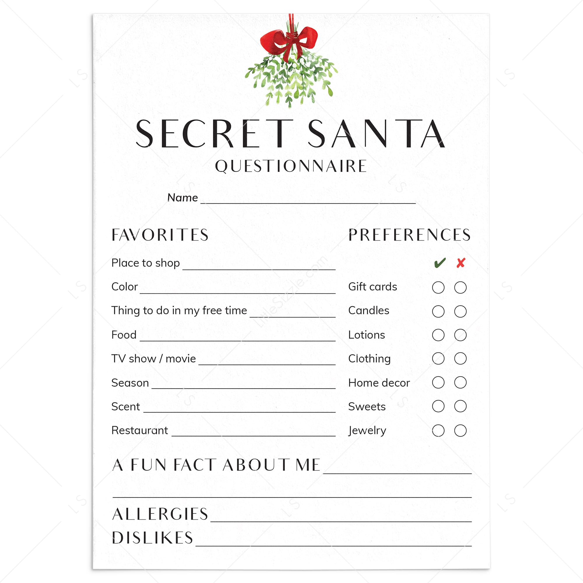 Printable Secret Santa Form Download by LittleSizzle