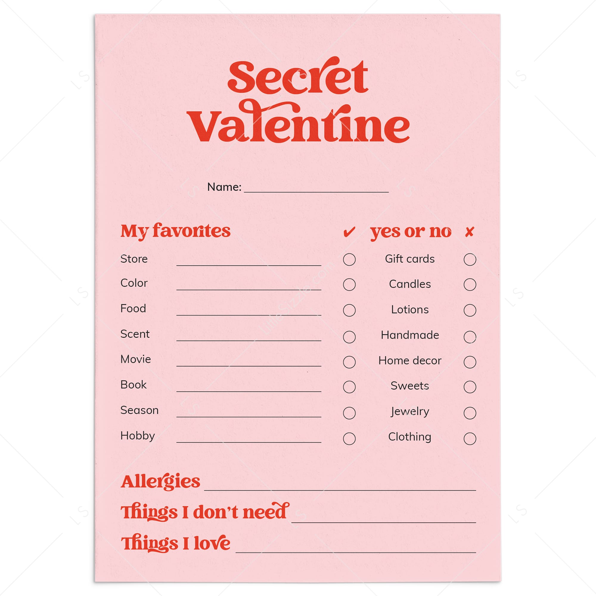 Secret Valentine Questionnaire Printable Valentine Gift Exchange by LittleSizzle