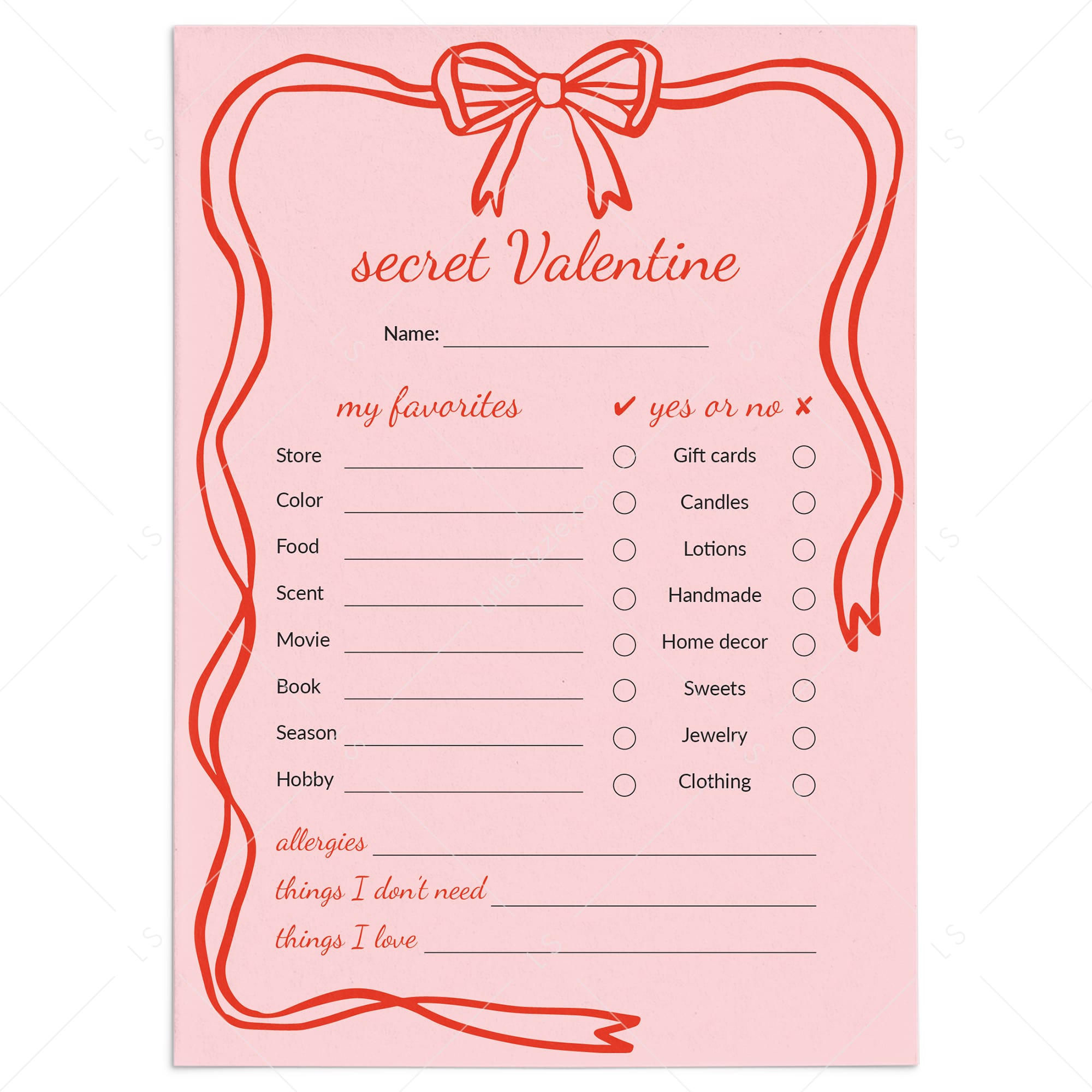 Printable Secret Valentines Questions Secret Galentine by LittleSizzle