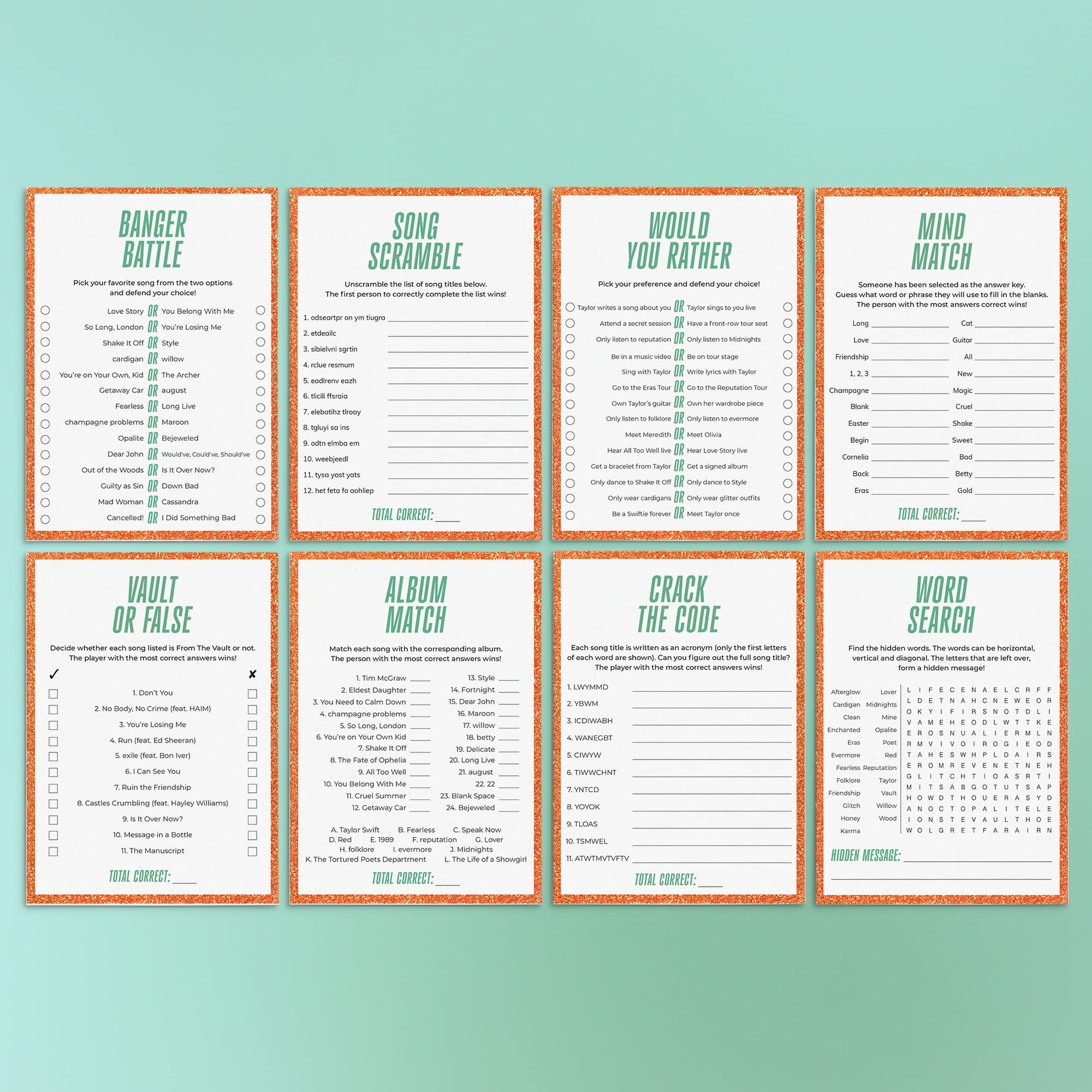 Showgirl Party Games Printable | Showgirl Era Themed Party Activities by Littlesizzle