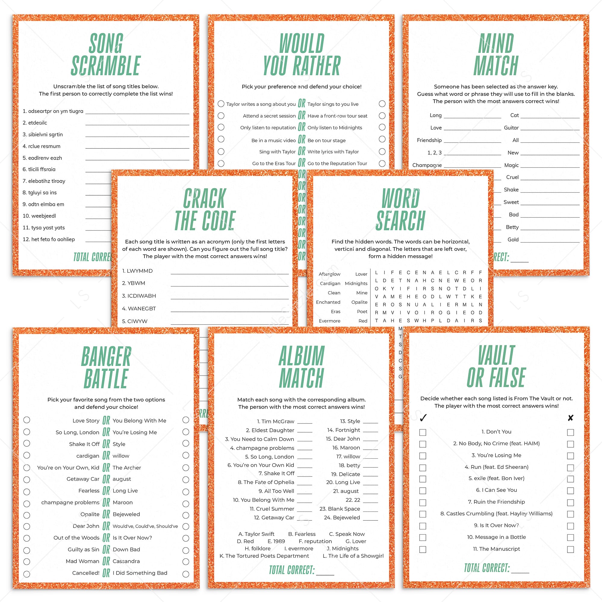 Showgirl Party Games Printable | Showgirl Era Themed Party Activities by Littlesizzle