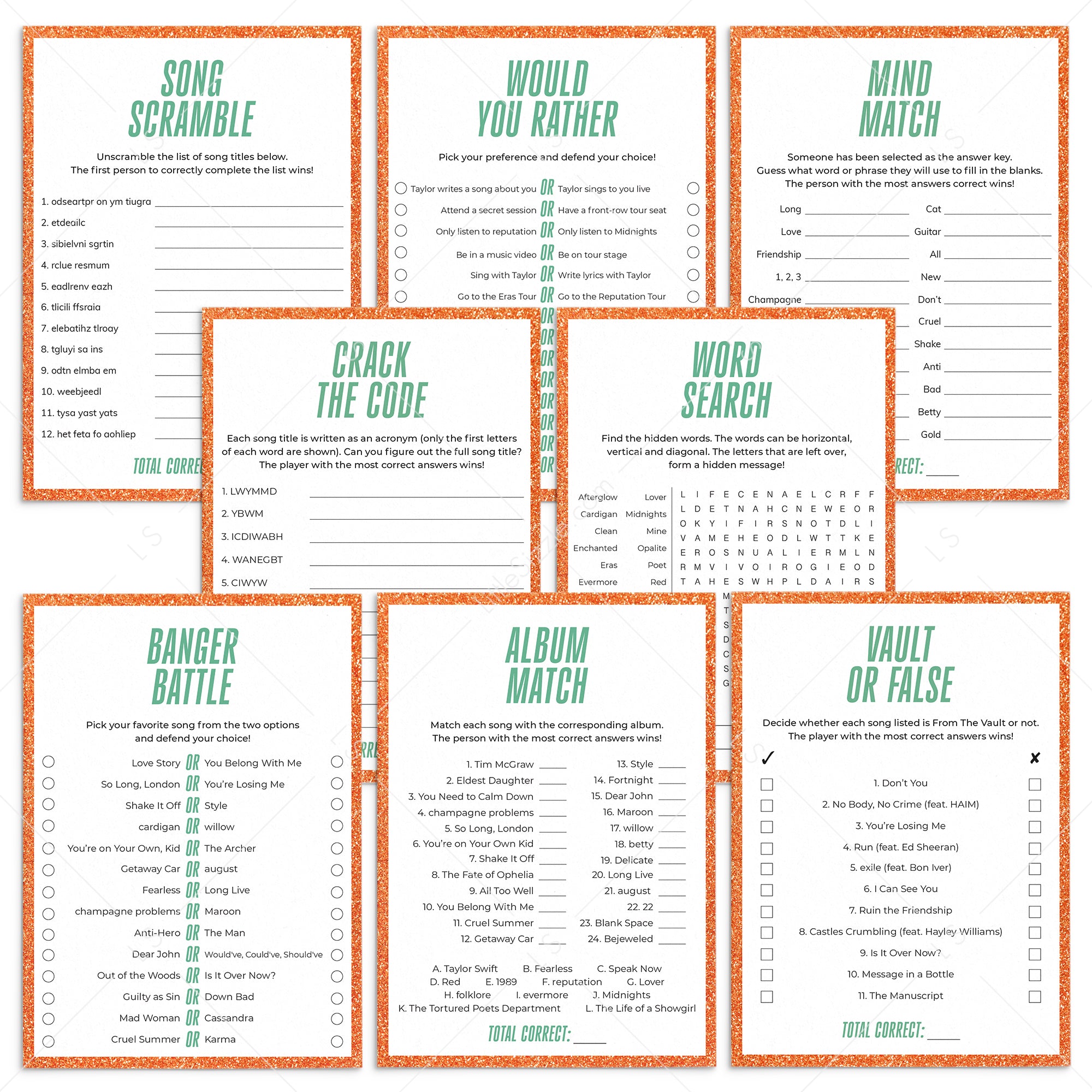 Showgirl Party Games Printable | Showgirl Era Themed Party Activities by LittleSizzle