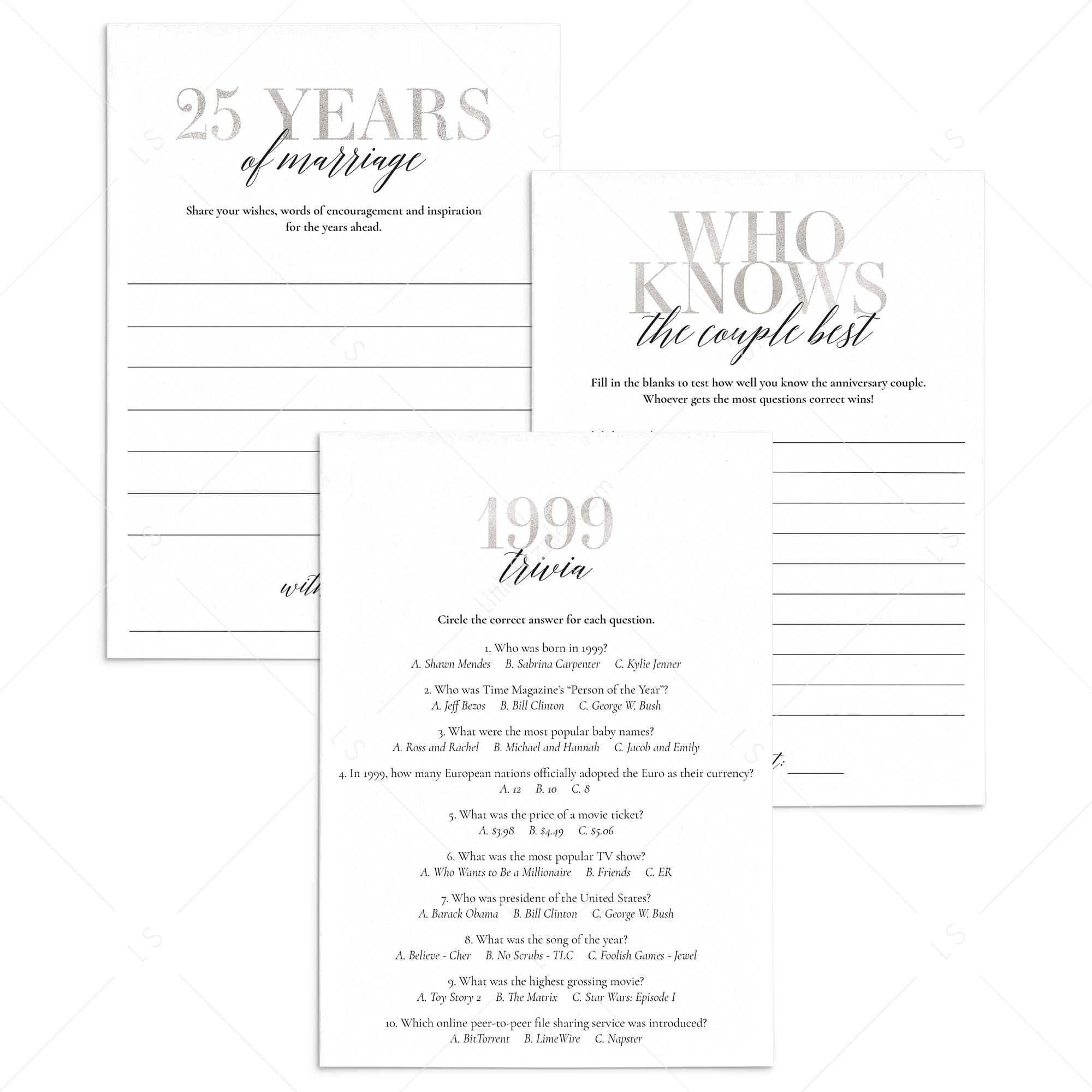 25th Anniversary Party Games Married in 1999 Printable by LittleSizzle