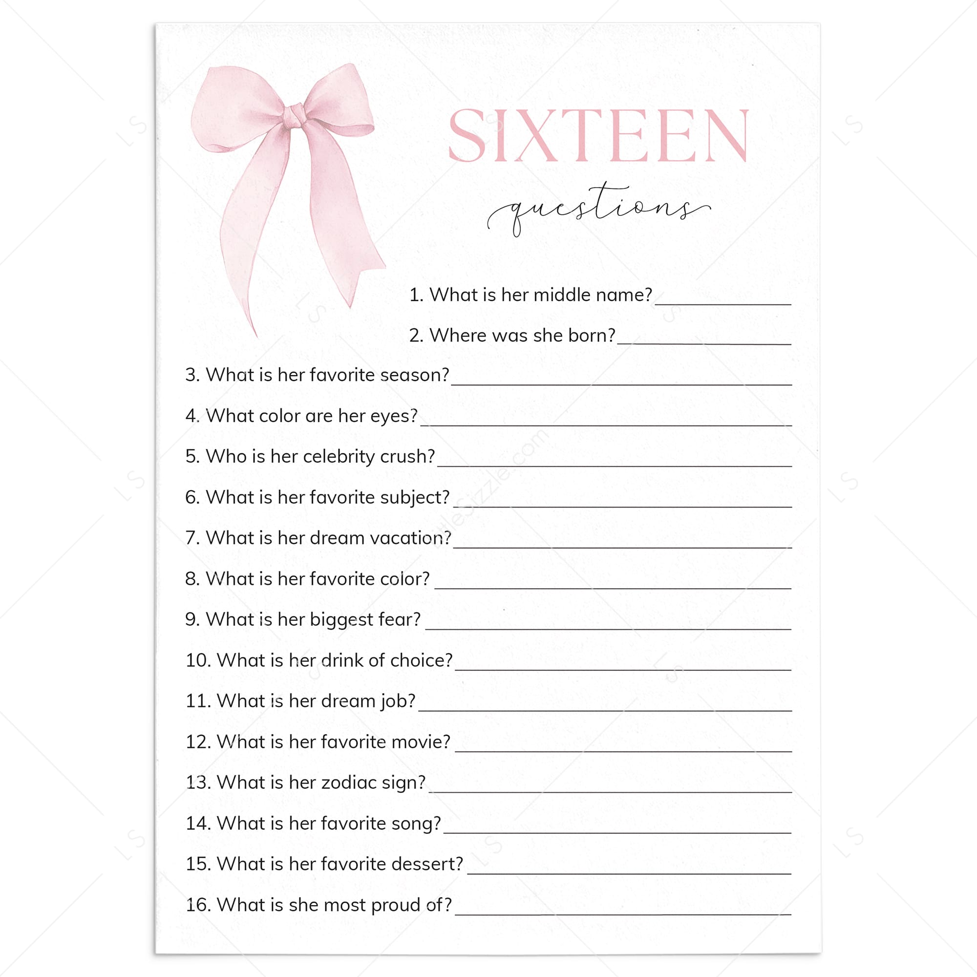 Sweet 16 Sixteen Questions Who Knows The Birthday Girl Best Printable by LittleSizzle