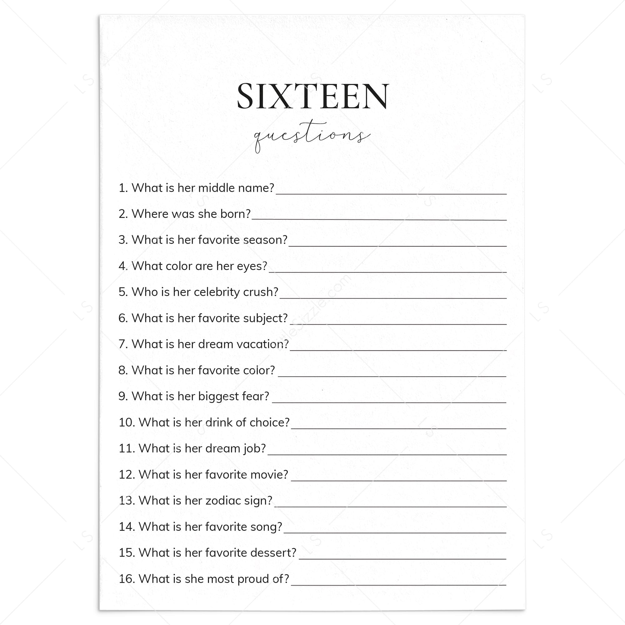 16th Birthday How Well Do You Know The Birthday Girl Game Printable by LittleSizzle