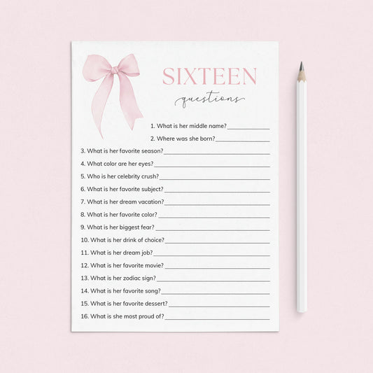 Sweet 16 Sixteen Questions Who Knows The Birthday Girl Best Printable by LittleSizzle