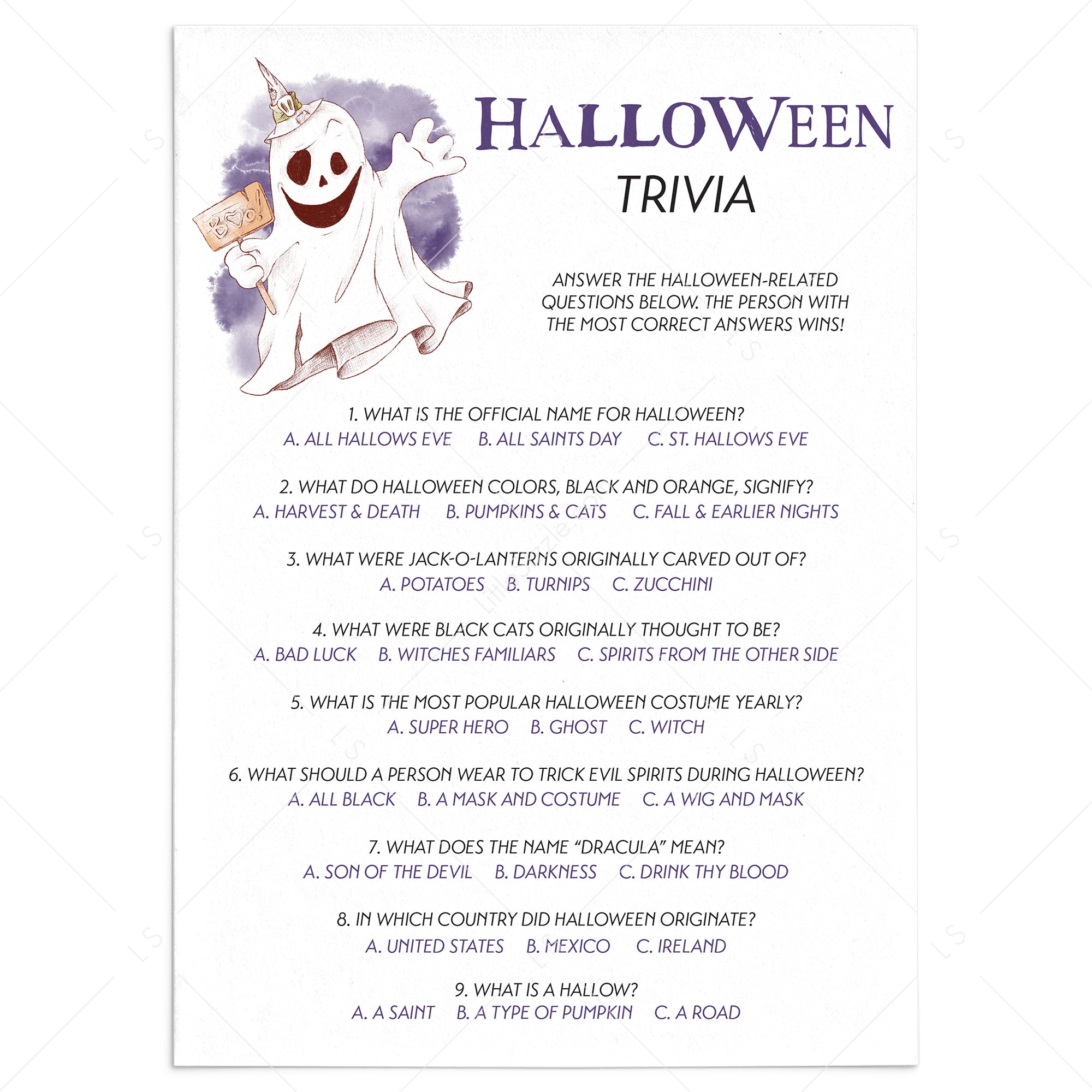 Printable Halloween Trivia for Family Instant Download by LittleSizzle