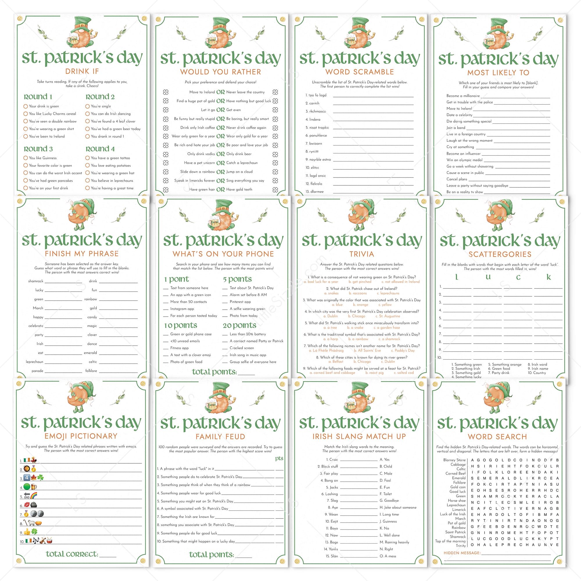 Printable St Patricks Day Game Bundle for Kids & Adults by LittleSizzle