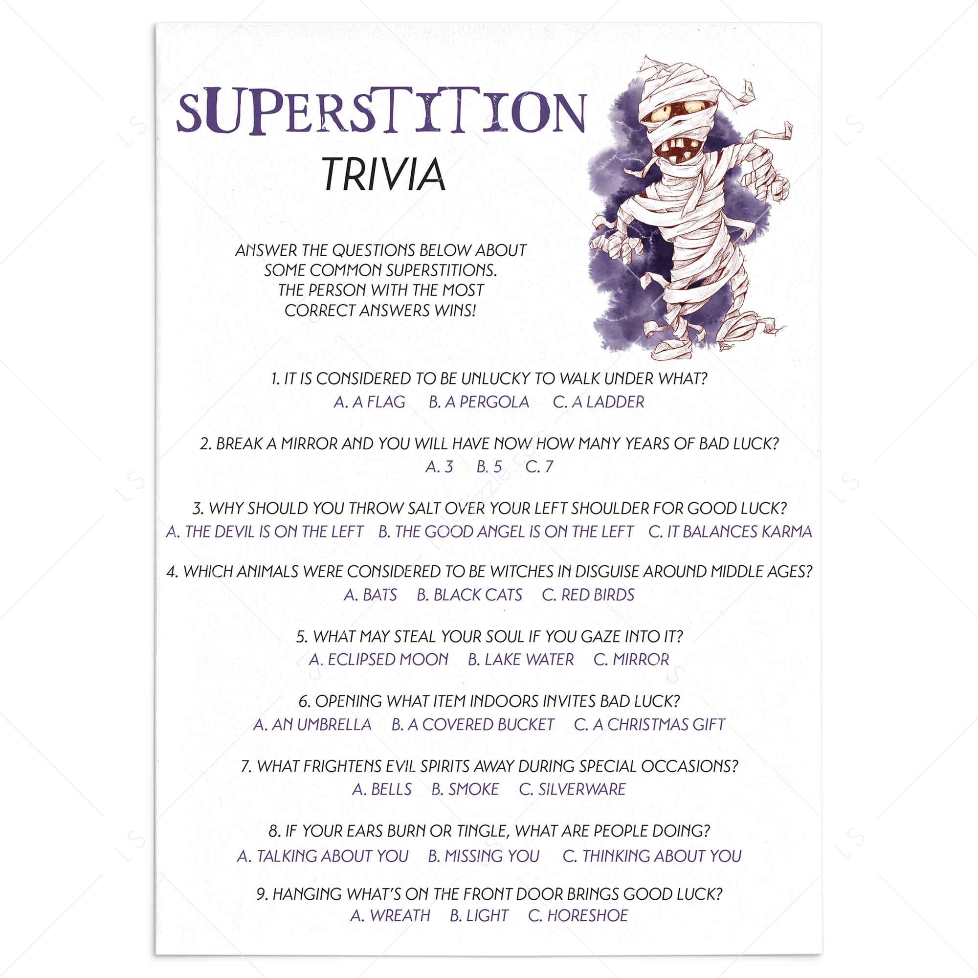 Superstition Quiz Questions and Answers for Halloween Party Printable by LittleSizzle