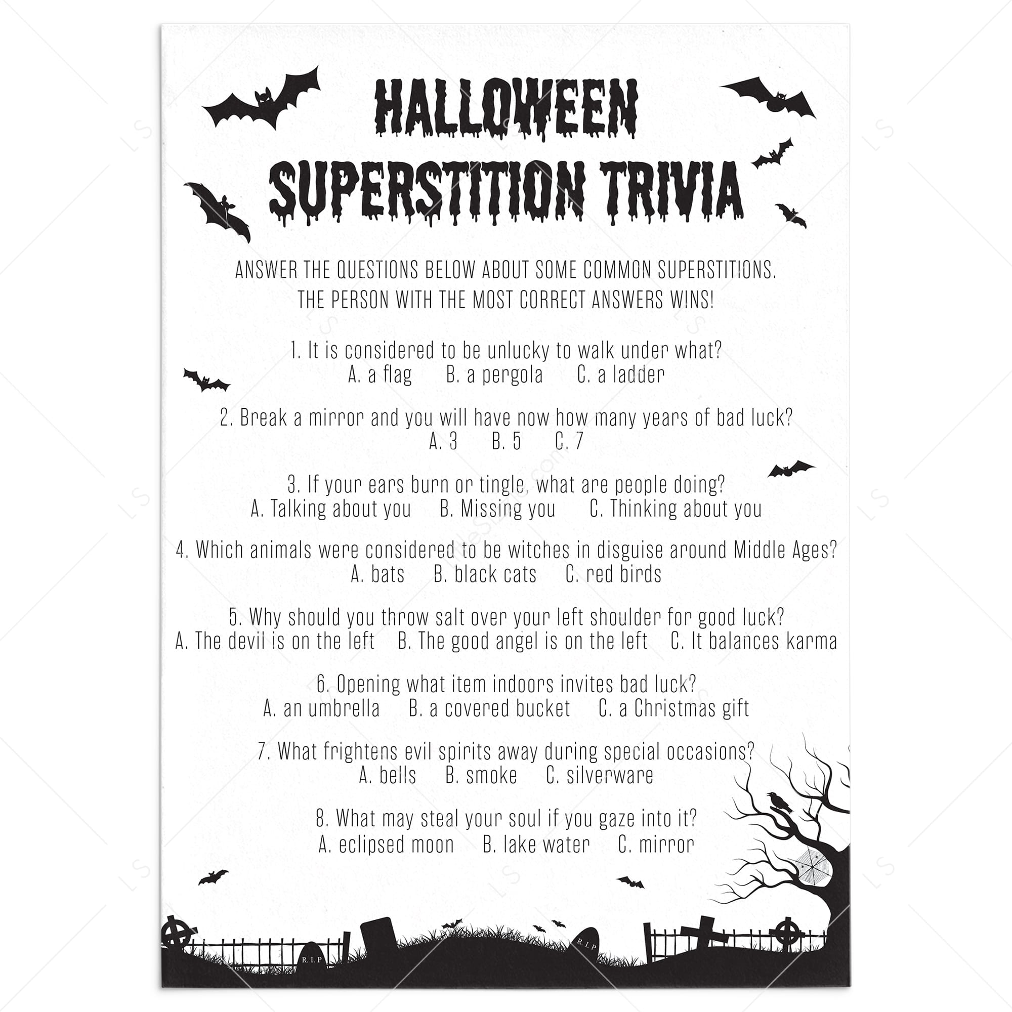 Black Halloween Trivia Quiz Questions and Answers Printable by LittleSizzle