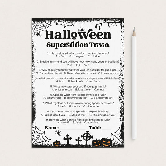 A Halloween superstition trivia worksheet with black text and spider-themed borders, shown on a white background next to a white pencil.
